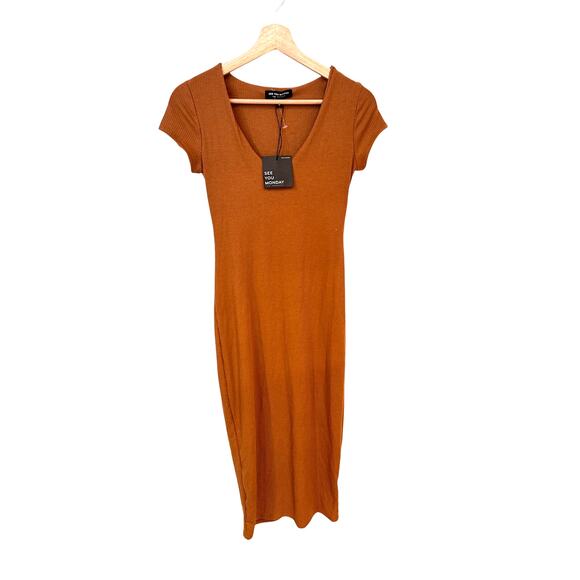 See You Monday Womens Ribbed Medium Burnt Orange Long Dress - Picture 2 of 8